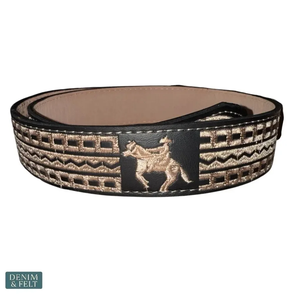 NEW Cinturones Moreno‎ Black Embroidered Leather Horse Belt Western Equestrian